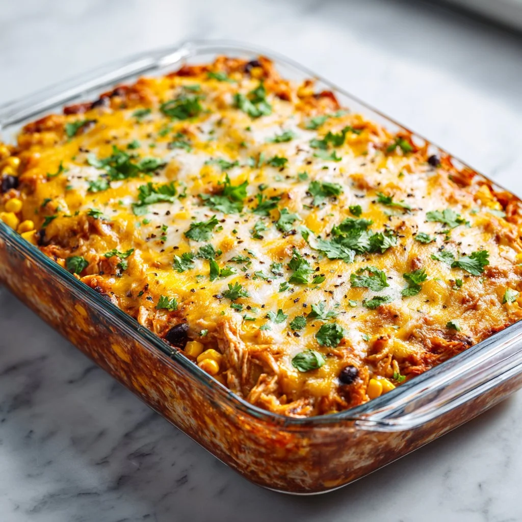 Cheesy shredded chicken bake served in a dish for family dinner
