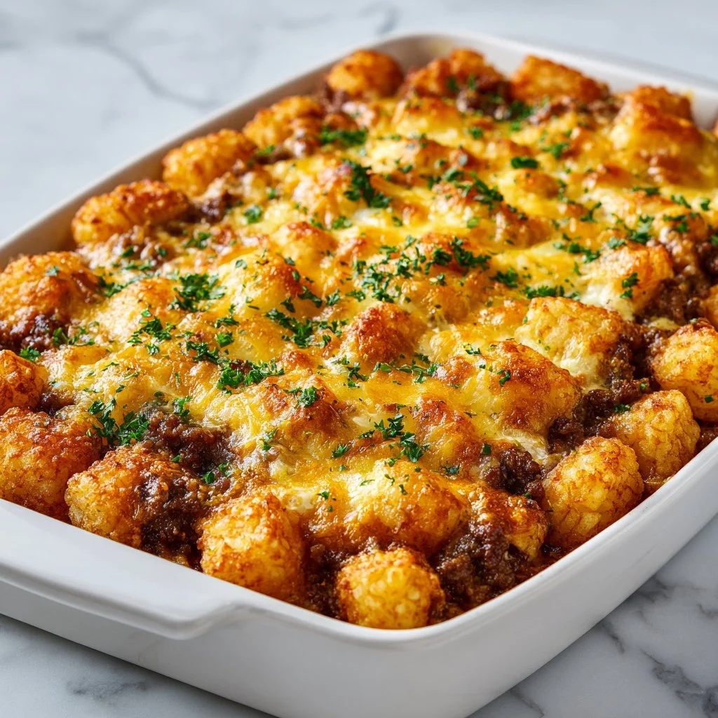 Cheesy Tater Tot and Sausage Breakfast Bake in a casserole dish