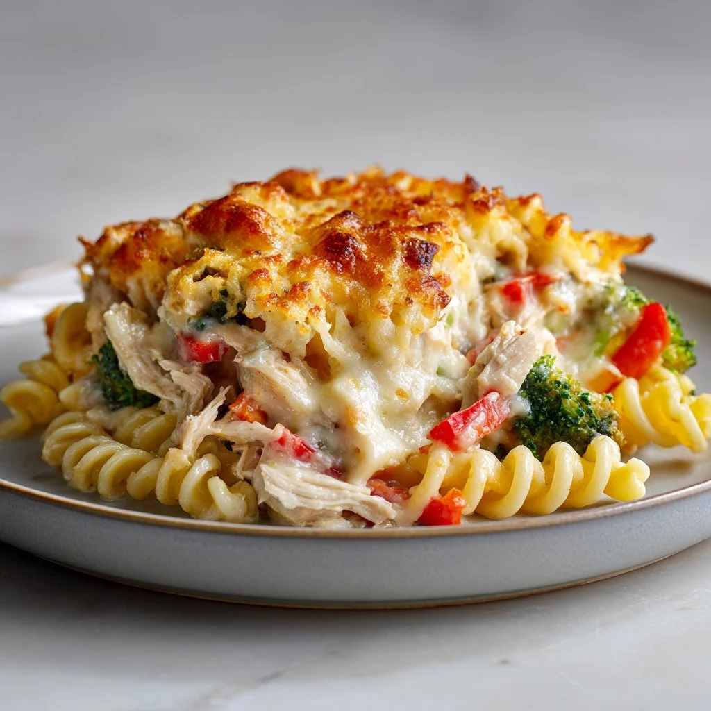 Creamy chicken pasta casserole baked dish ready to serve