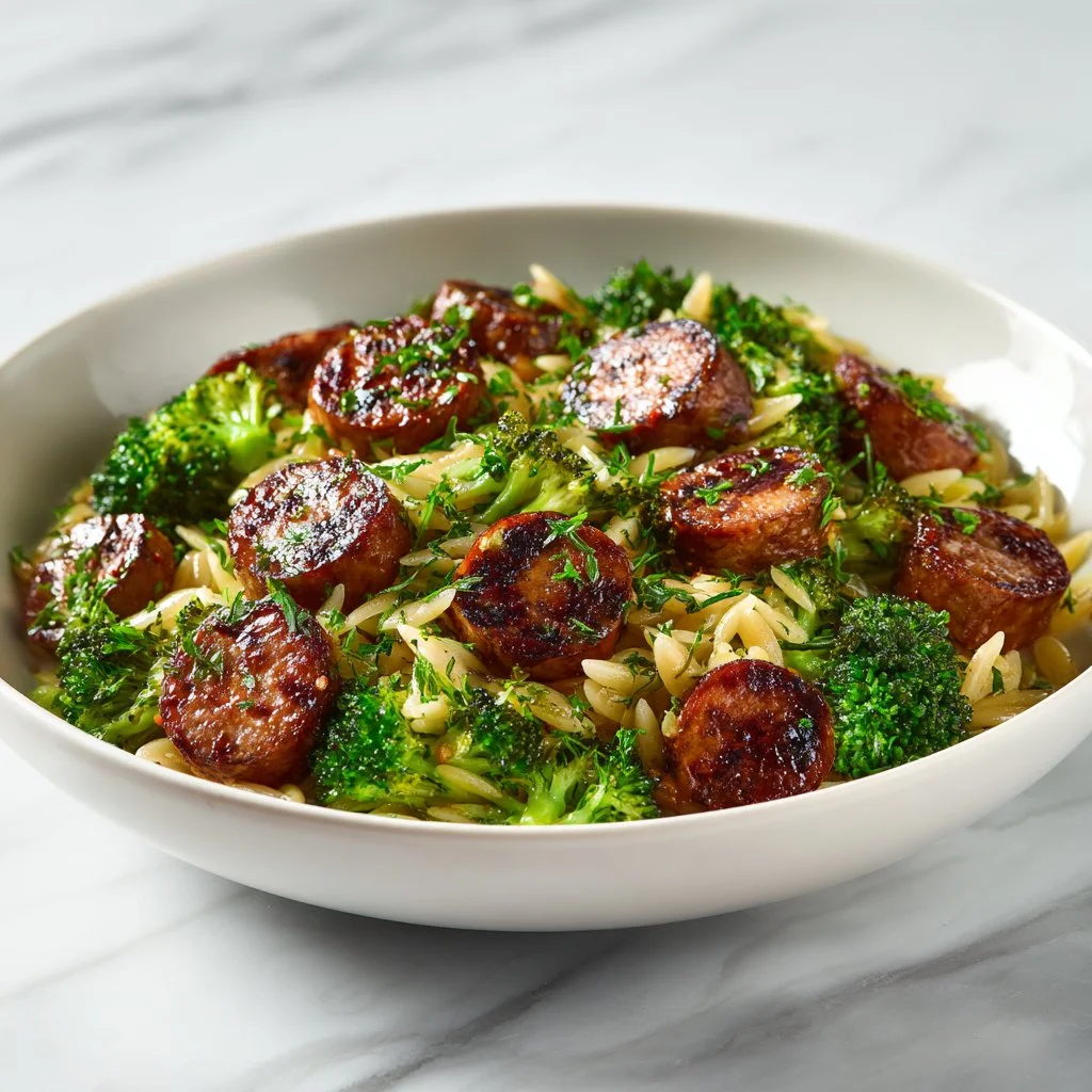 Chicken sausage and broccoli orzo skillet dish served in a skillet