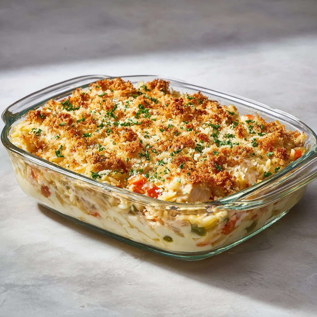 Classic chicken rice casserole topped with herbs and served warm in a baking dish.