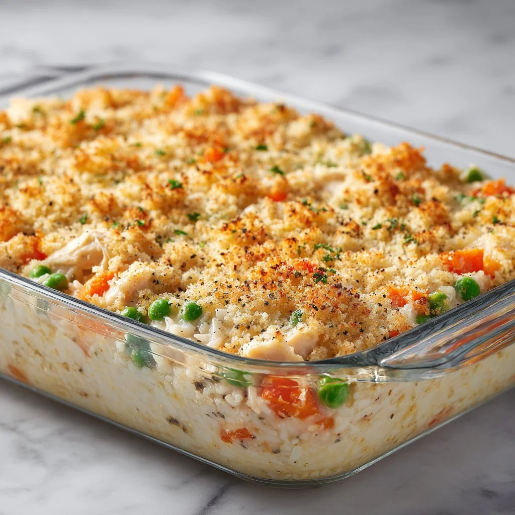 Delicious Mamaw's Chicken and Rice Casserole served in a baking dish