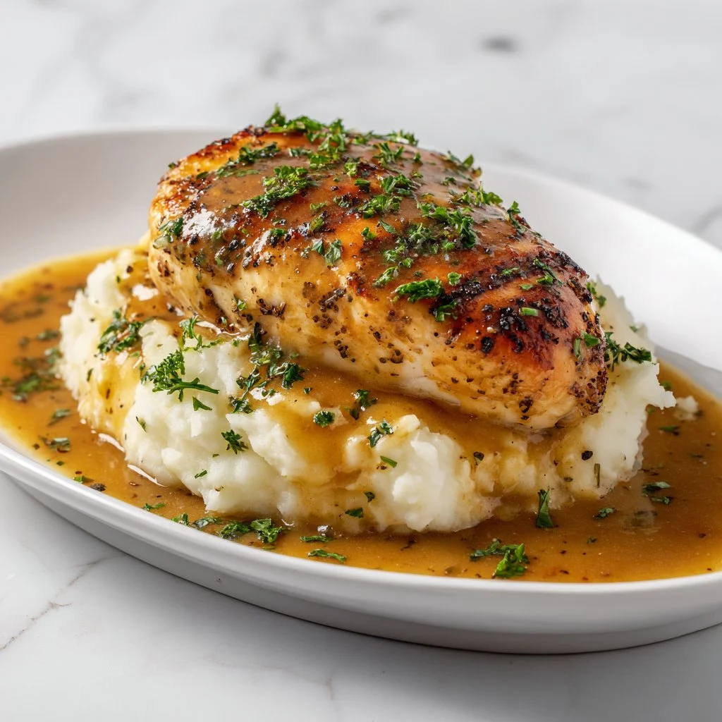 Delicious plate of chicken and gravy served with mashed potatoes