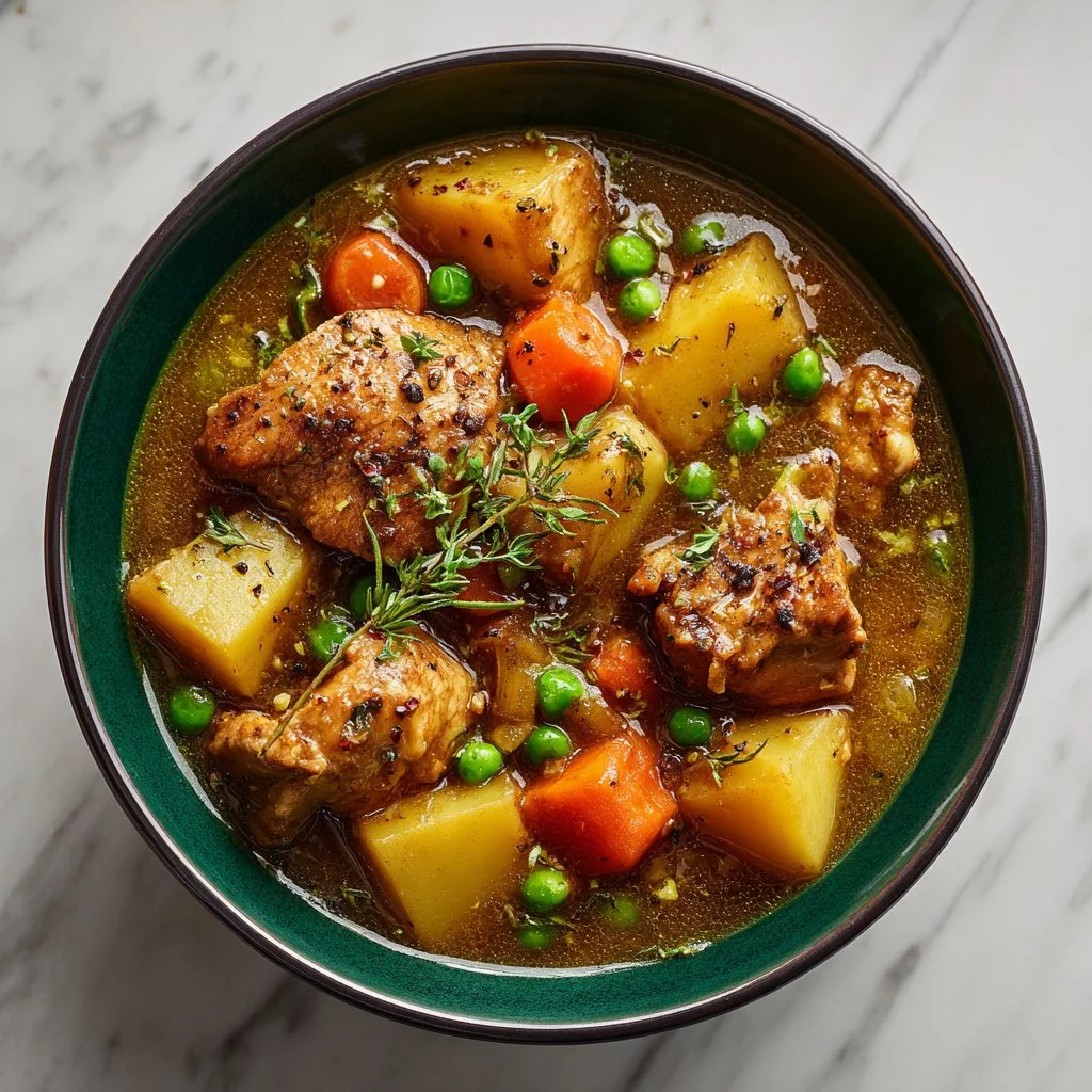 Slow cooker chicken stew with vegetables and herbs in a bowl