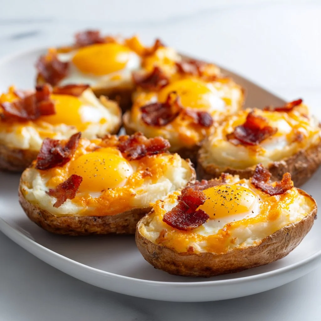 Loaded twice-baked breakfast potatoes topped with cheese and bacon