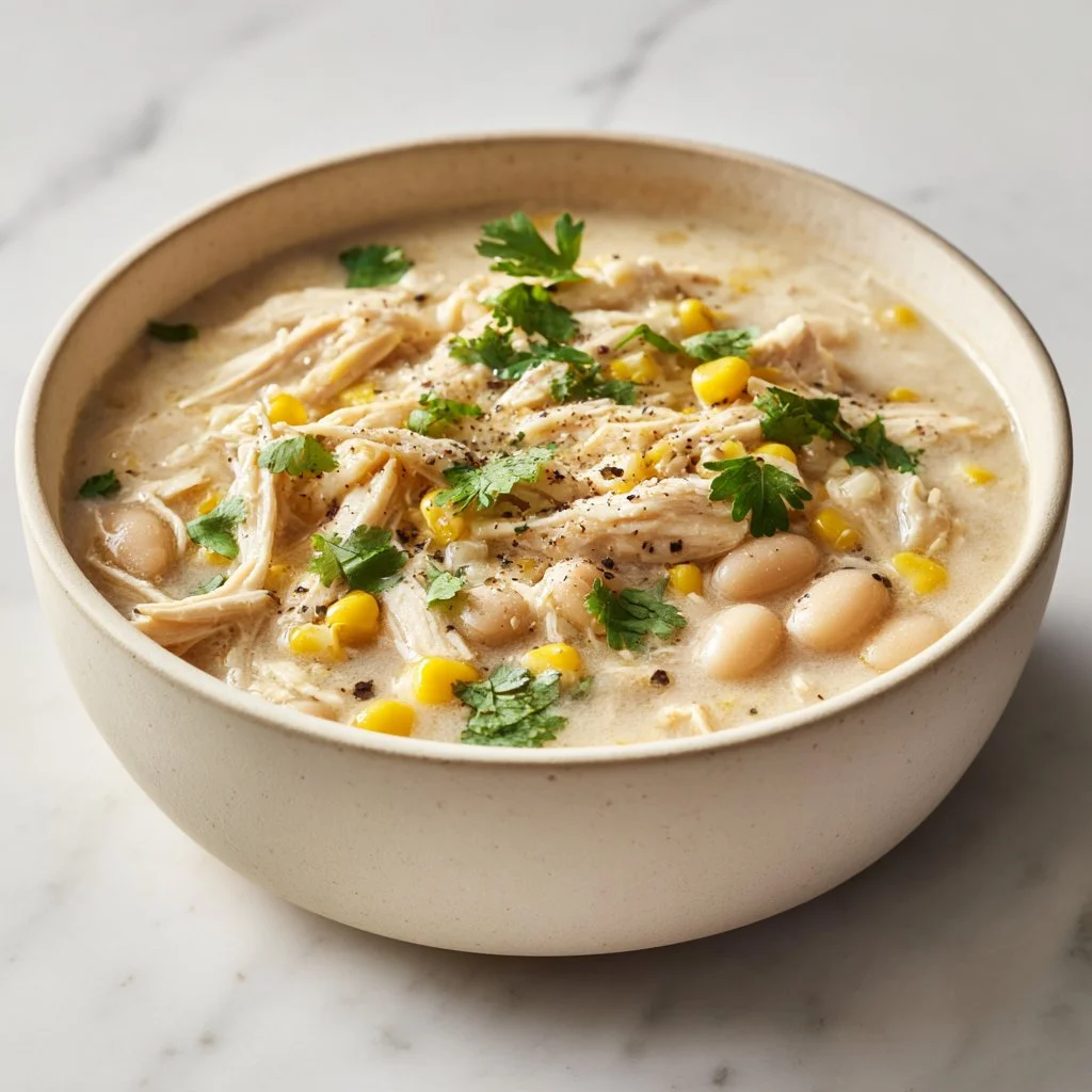 Bowl of cozy slow cooker white chicken chili topped with cilantro and cheese