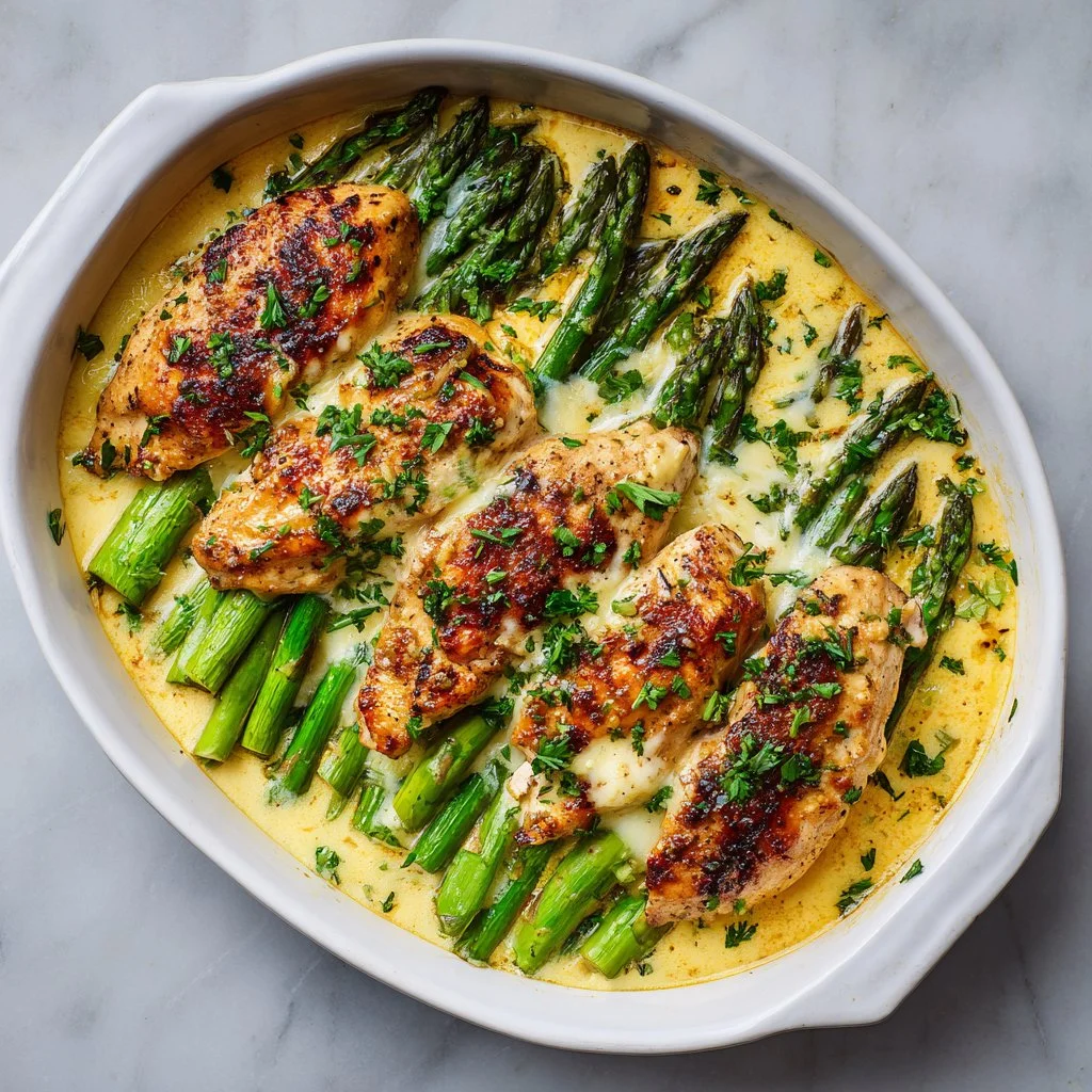 Creamy baked chicken with asparagus served on a plate