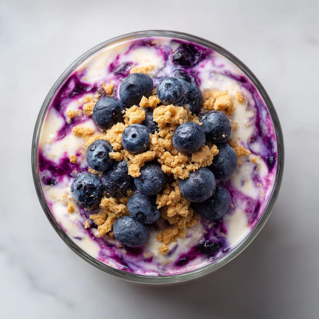 Creamy blueberry cheesecake overnight oats in a glass with fresh blueberries on top.