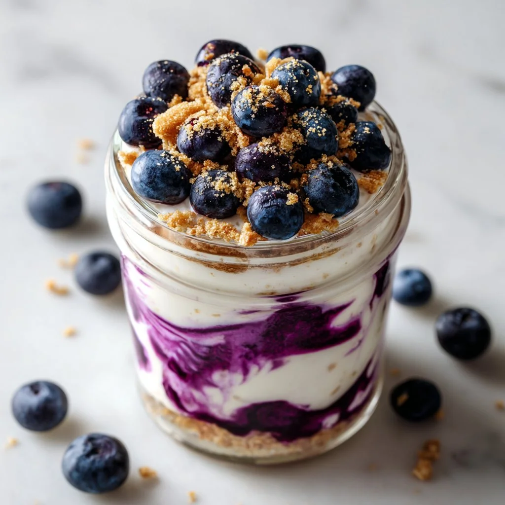 Creamy blueberry cheesecake overnight oats in a jar topped with fresh blueberries.
