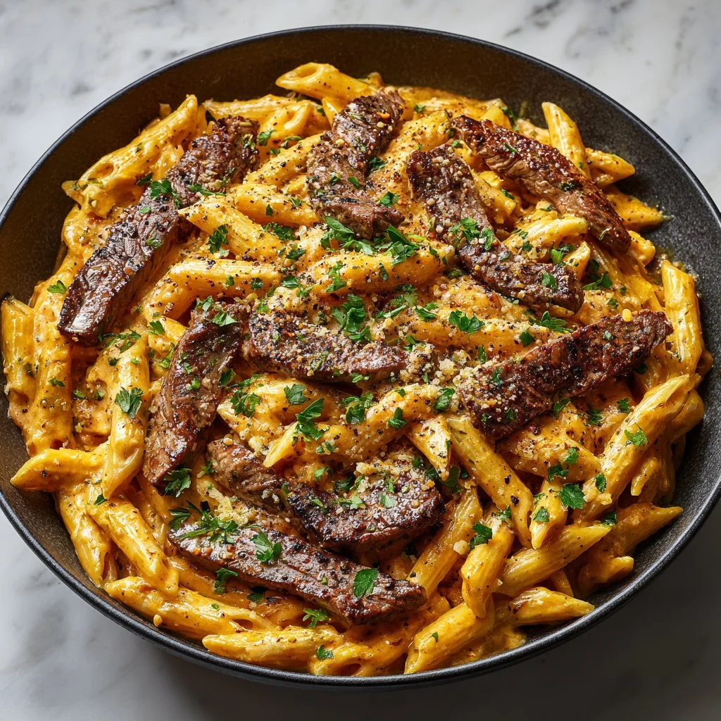 Creamy Cajun Butter Steak Pasta Recipe with herbs and spices