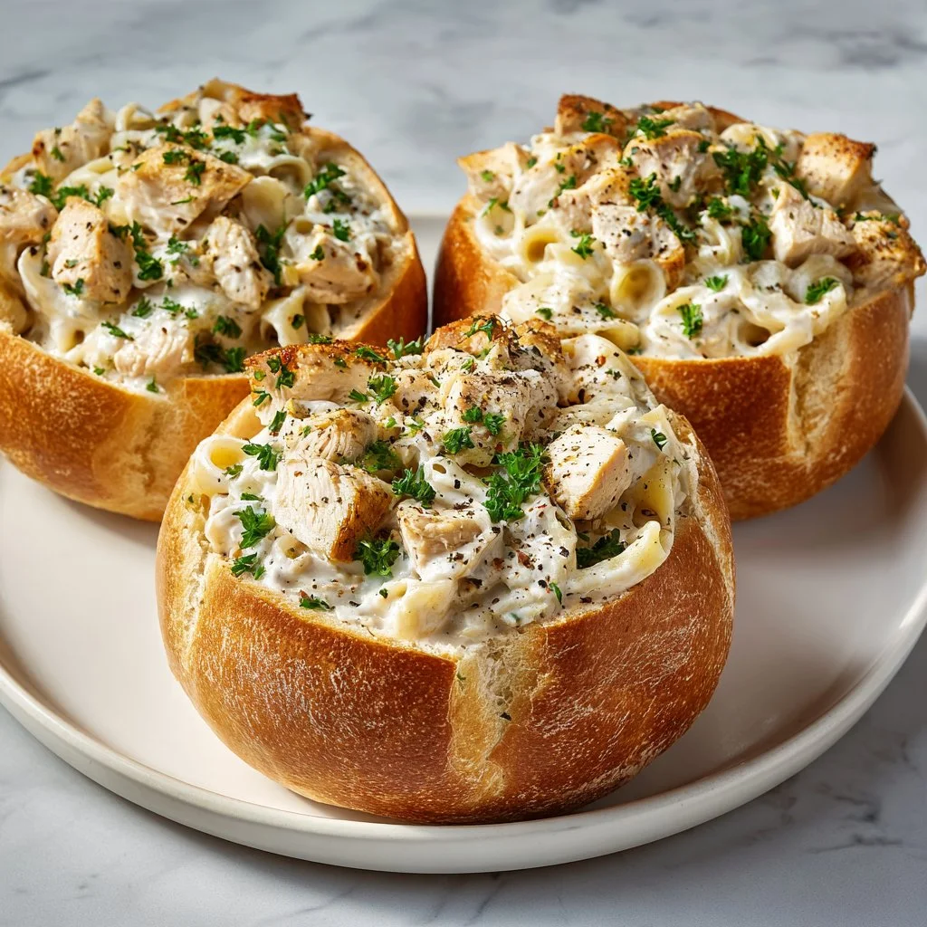 Creamy Chicken Alfredo served in crispy garlic bread bowls