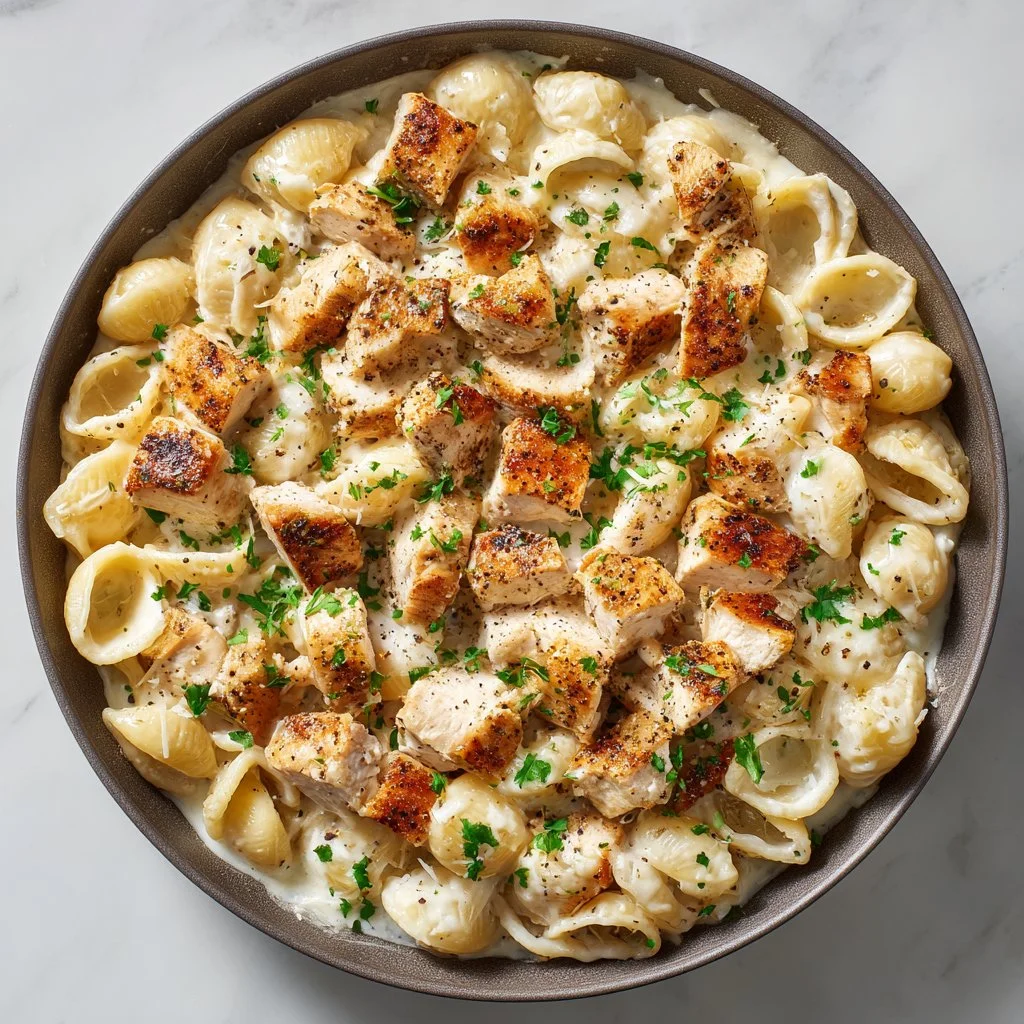 Creamy chicken pasta with garlic parmesan sauce served on a white plate