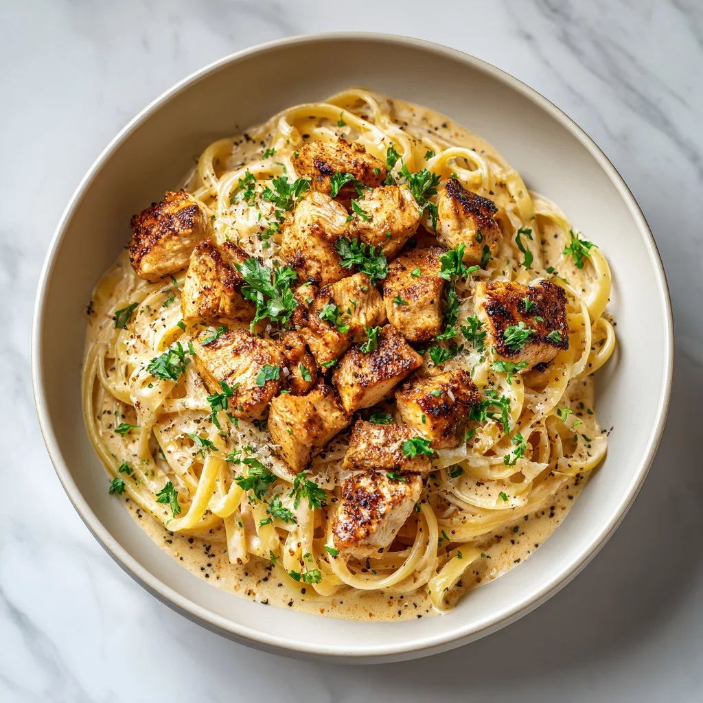 Creamy cowboy butter chicken linguine pasta topped with herbs and spices.