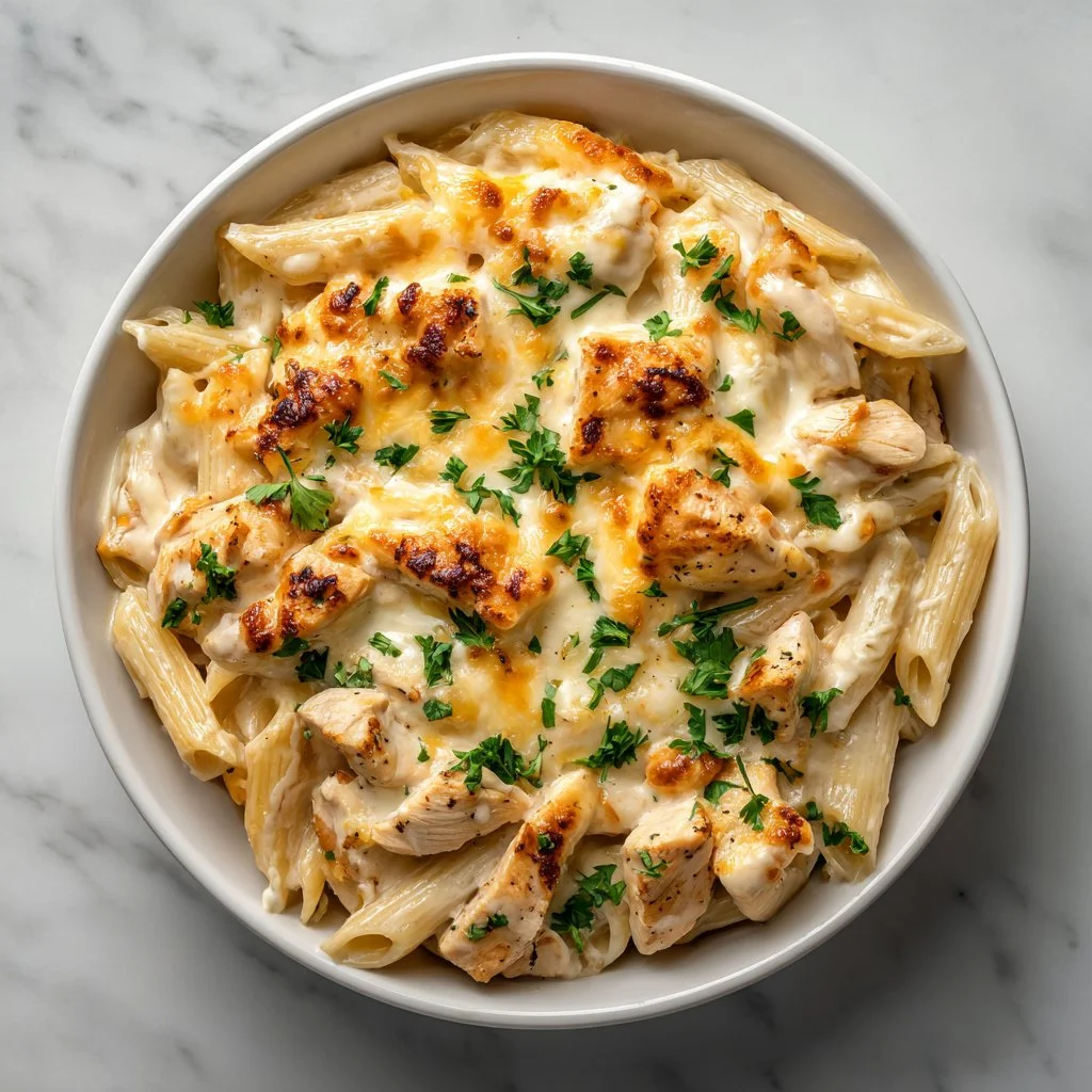 Creamy Crack Chicken Penne Pasta Bake topped with cheese and herbs