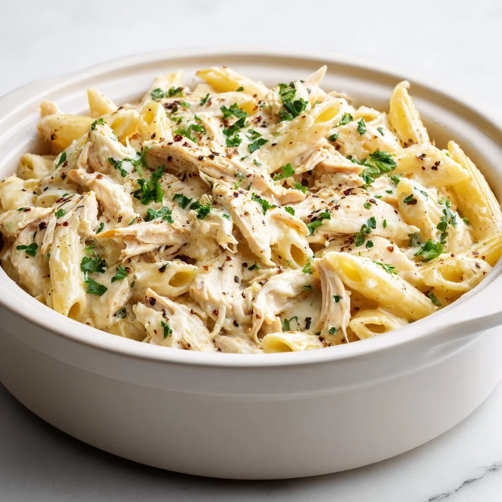 Creamy Crockpot Chicken Alfredo served in a bowl with parsley garnish