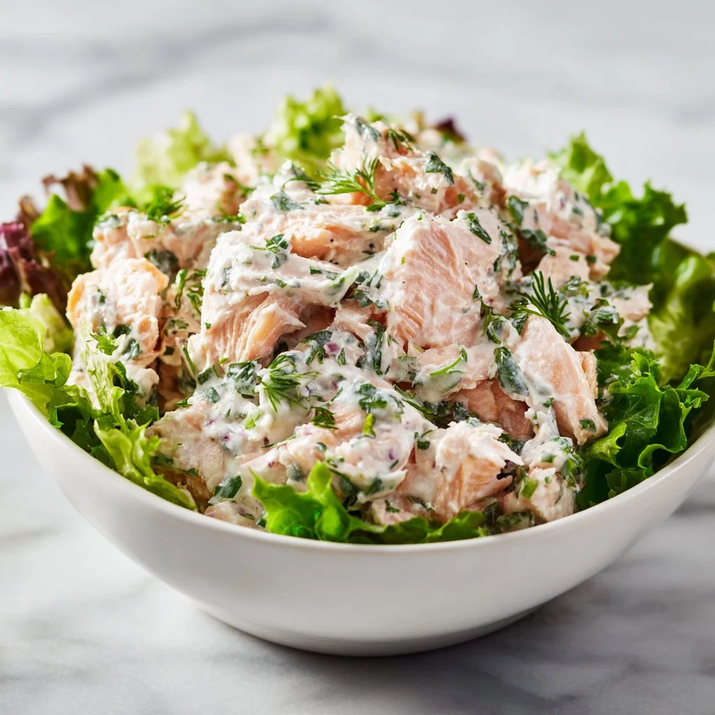 Creamy dill canned salmon salad served in a bowl for a quick and easy lunch.