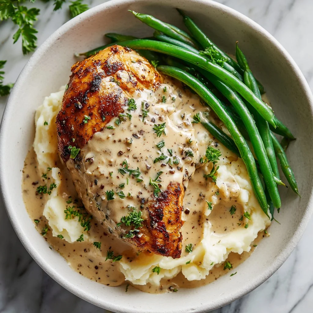Creamy garlic chicken dish served with herbs and a side of vegetables