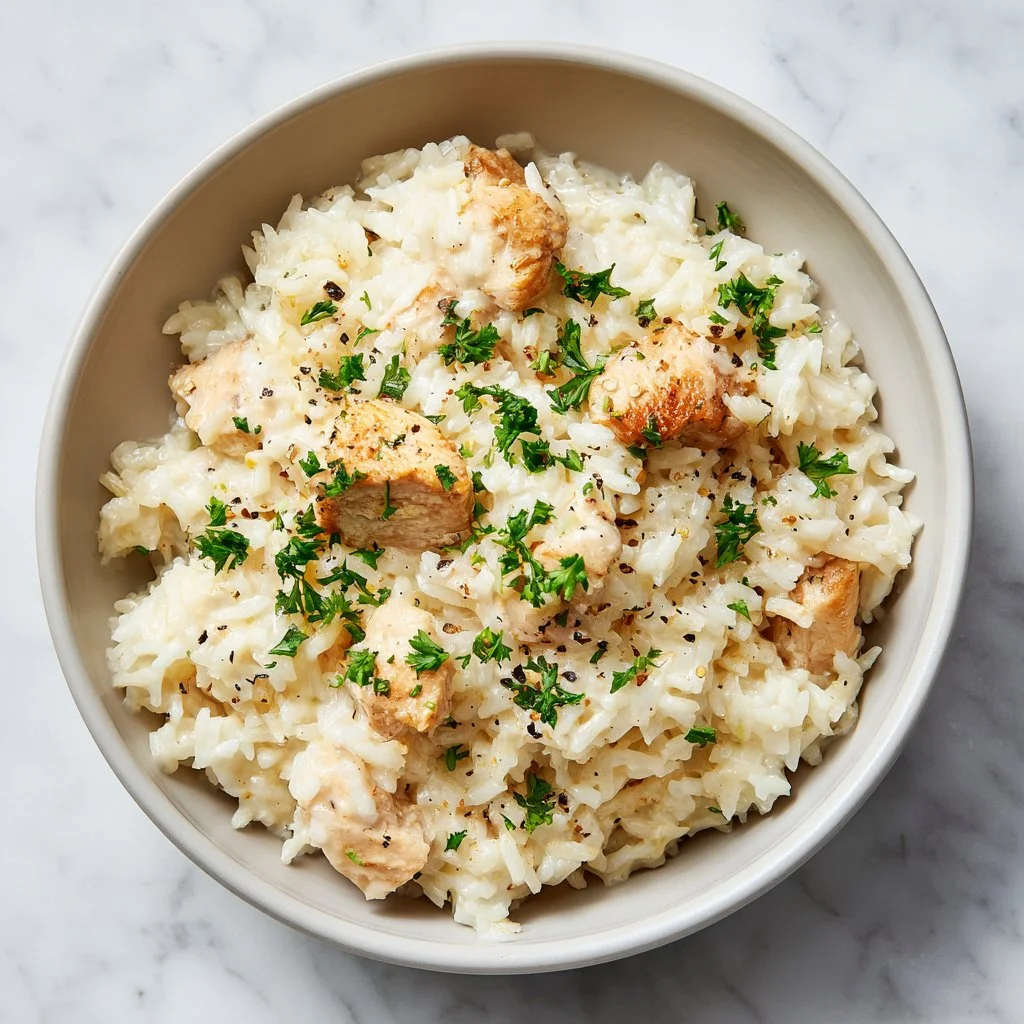 Creamy garlic parmesan rice served in a bowl with herbs