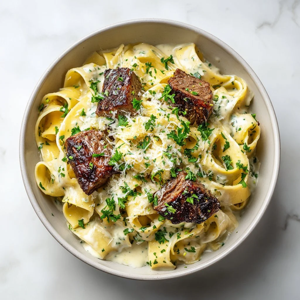 Creamy garlic steak pasta served in a bowl, garnished with parsley