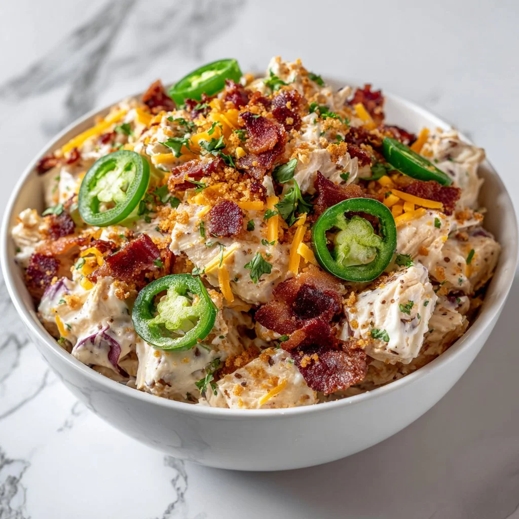 Creamy high protein jalapeno popper chicken salad in a bowl