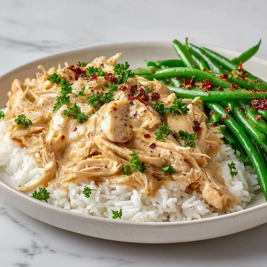 Delicious creamy Italian chicken in a slow cooker ready to serve