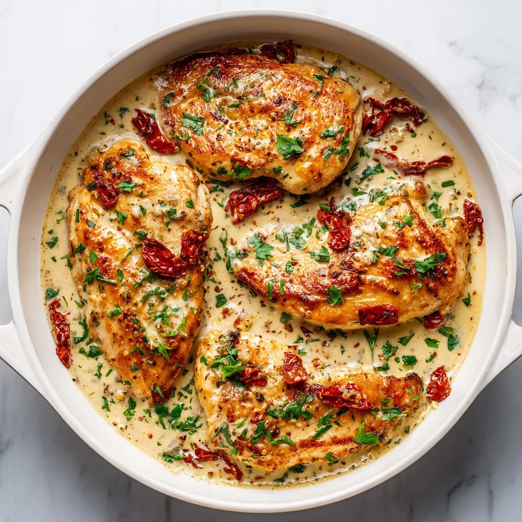 Delicious Creamy Marry Me Chicken served with herbs and sauce