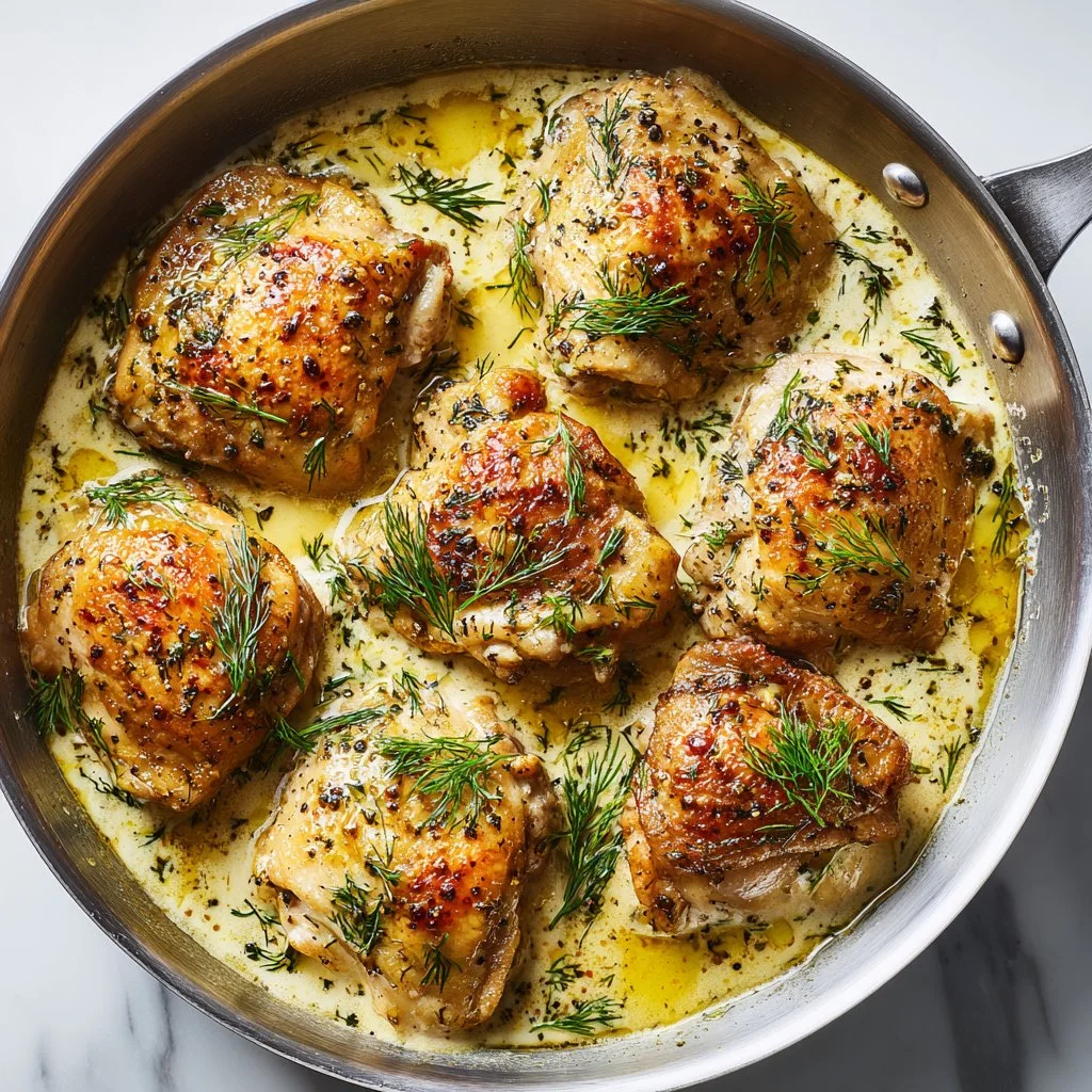 Creamy oven baked chicken thighs served on a plate with herbs.