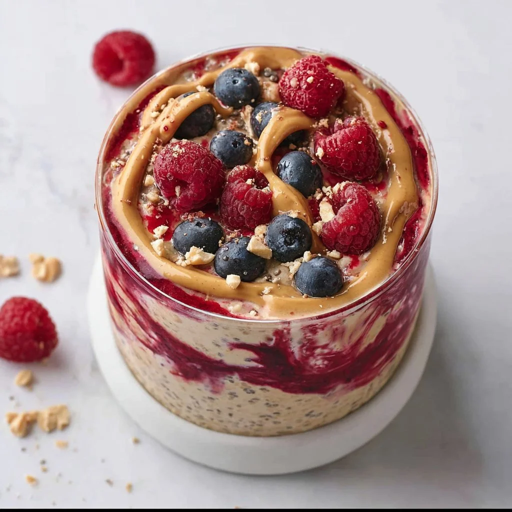Bowl of creamy peanut butter jelly overnight oats topped with fresh fruit.
