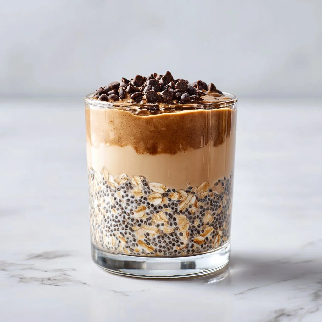 Bowl of creamy peanut butter chocolate overnight oats topped with chocolate chips