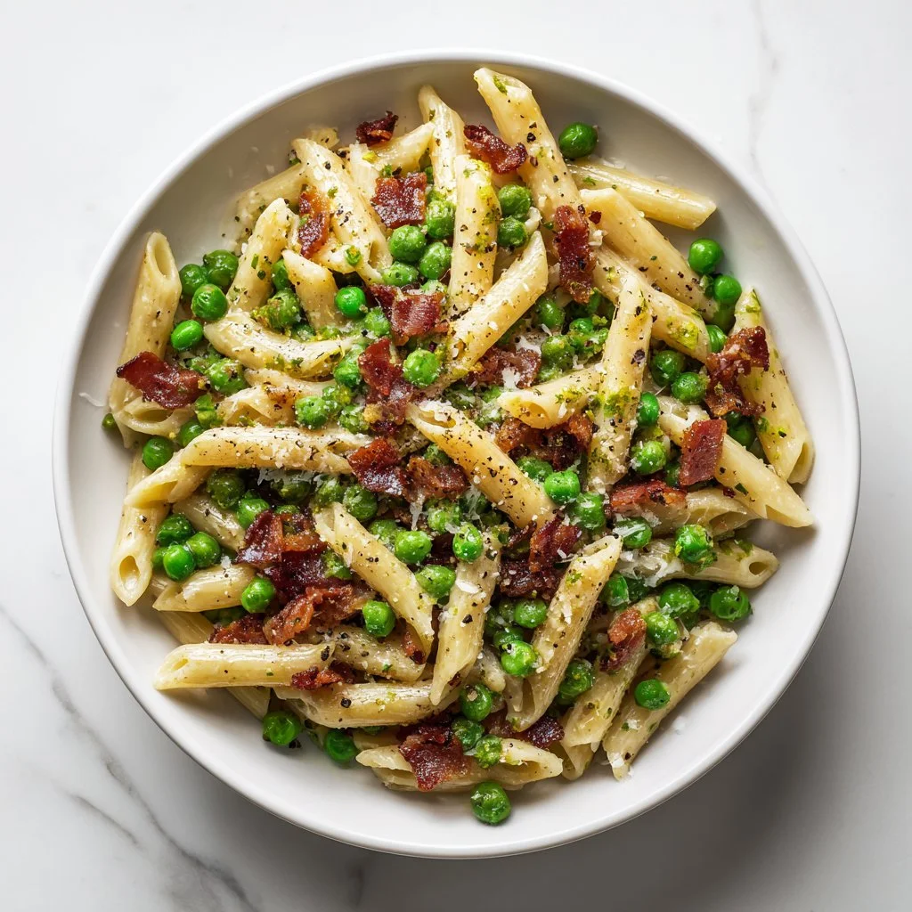 Creamy penne pasta with peas and crispy bacon in a rich sauce