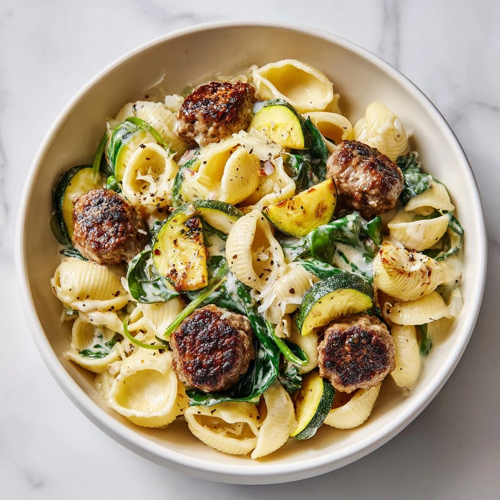 Creamy protein-packed pasta bowl with vegetables and sauce
