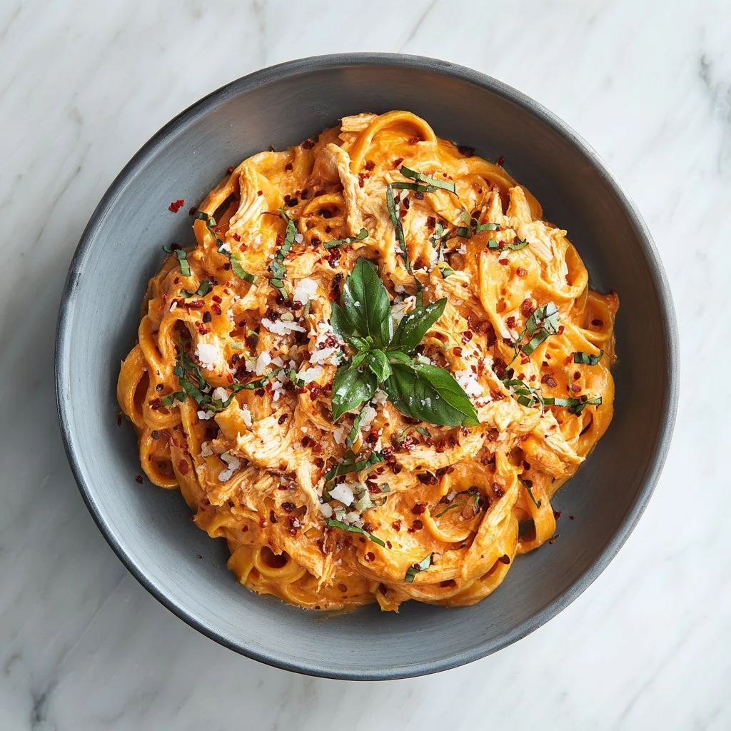 Creamy Roasted Red Pepper Alfredo pasta dish with rotisserie chicken