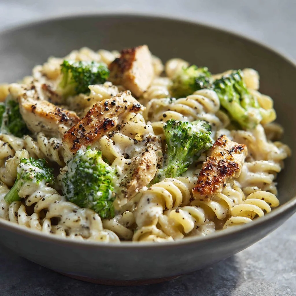 Creamy rotisserie chicken broccoli pasta dish ready to serve.