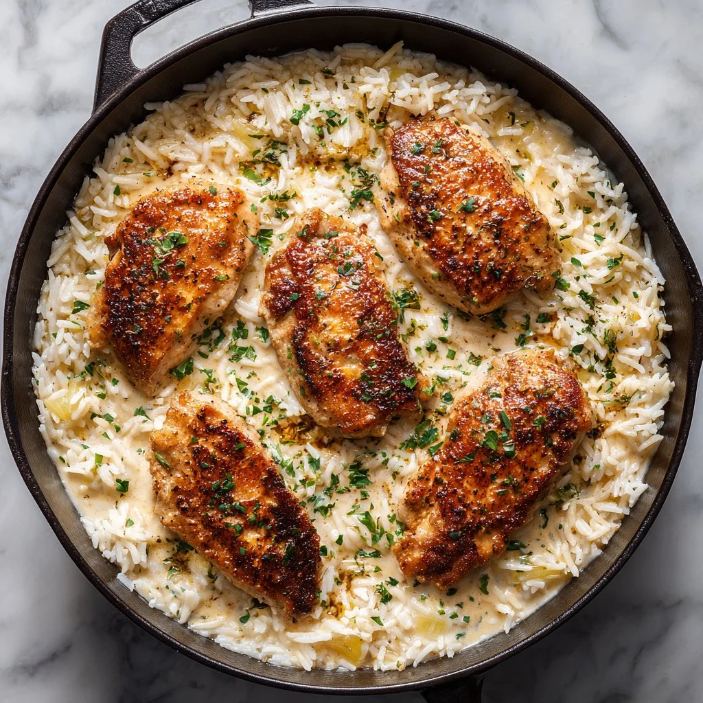 Creamy smothered chicken served with rice dinner for a comforting meal.