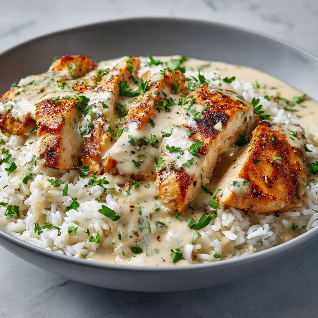 Creamy smothered chicken and rice skillet served in a cast-iron pan