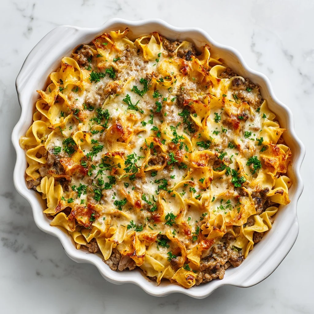 Creamy sour cream beef noodle casserole served in a bowl