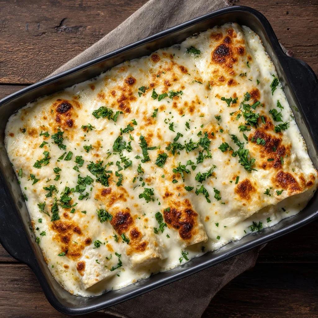 Delicious creamy white chicken enchiladas baked to perfection
