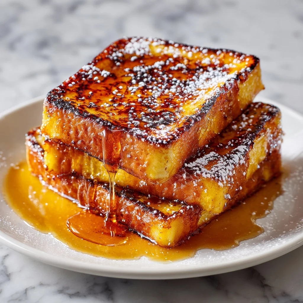 Delicious crème brûlée French toast topped with caramelized sugar and fresh berries