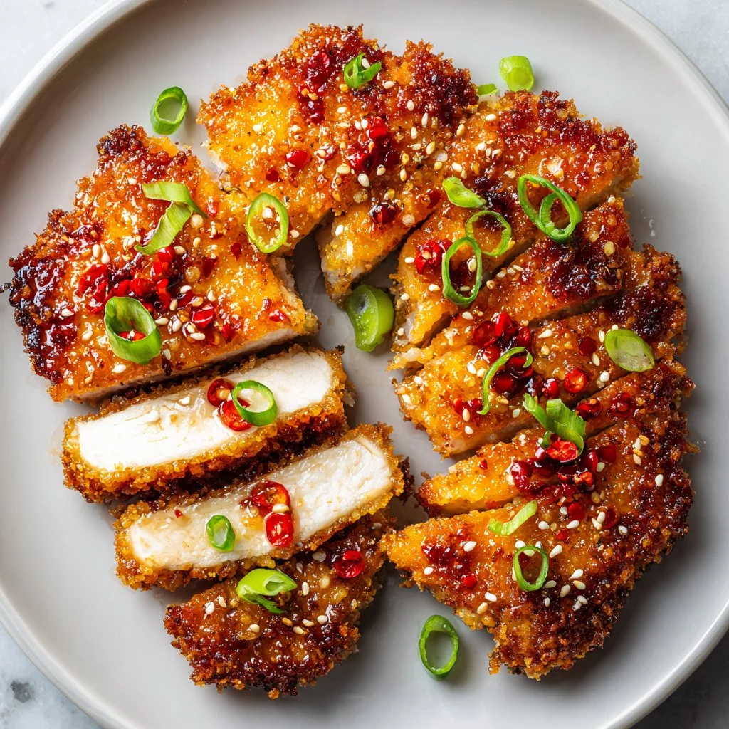Crispy baked hot honey chicken topped with sweet and spicy sauce.