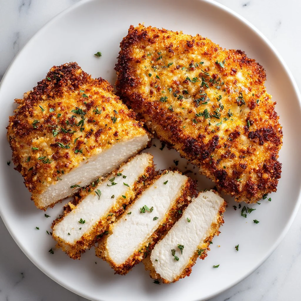 Crispy baked chicken with Parmesan crust on a plate