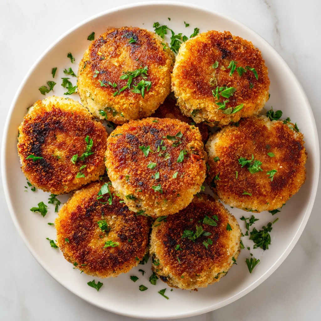 Crispy canned salmon patties served on a plate with fresh herbs and lemon.