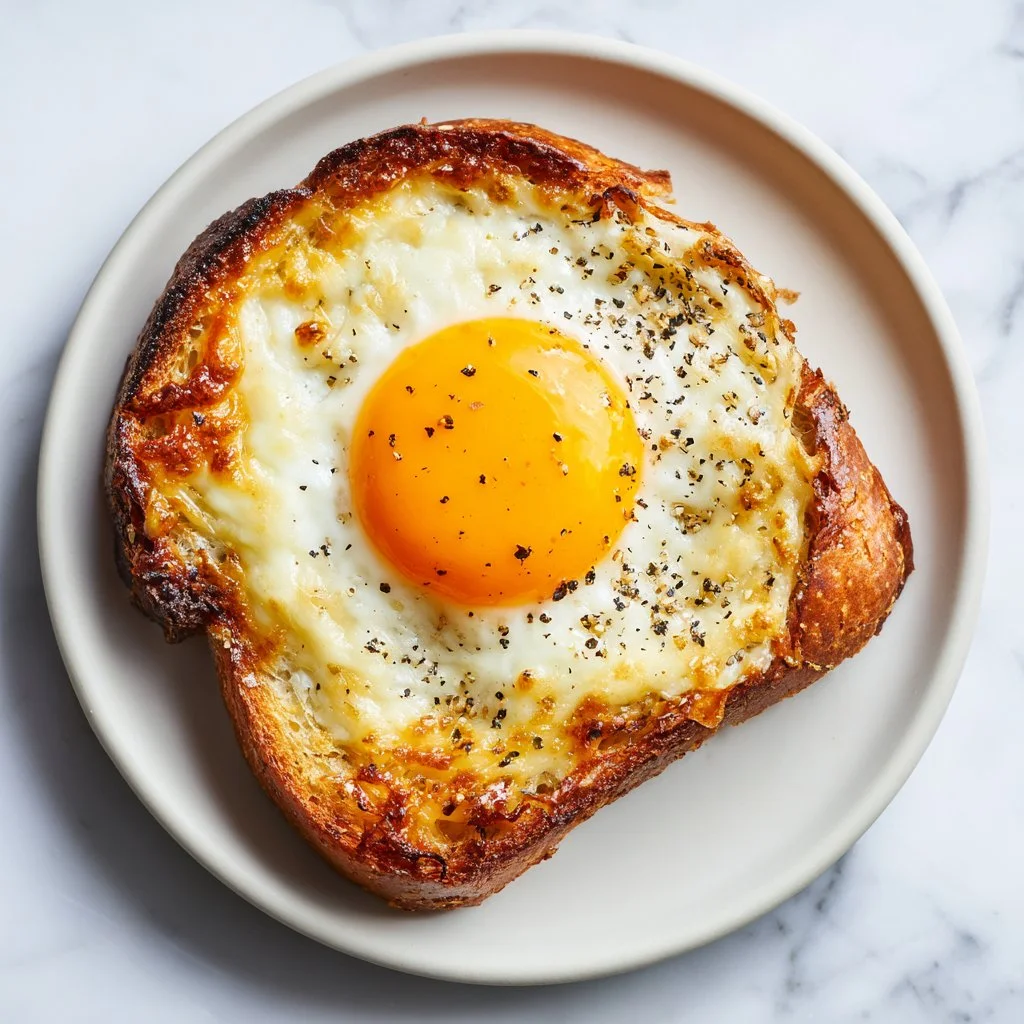 Crispy & cheesy air fryer egg toast served on a plate