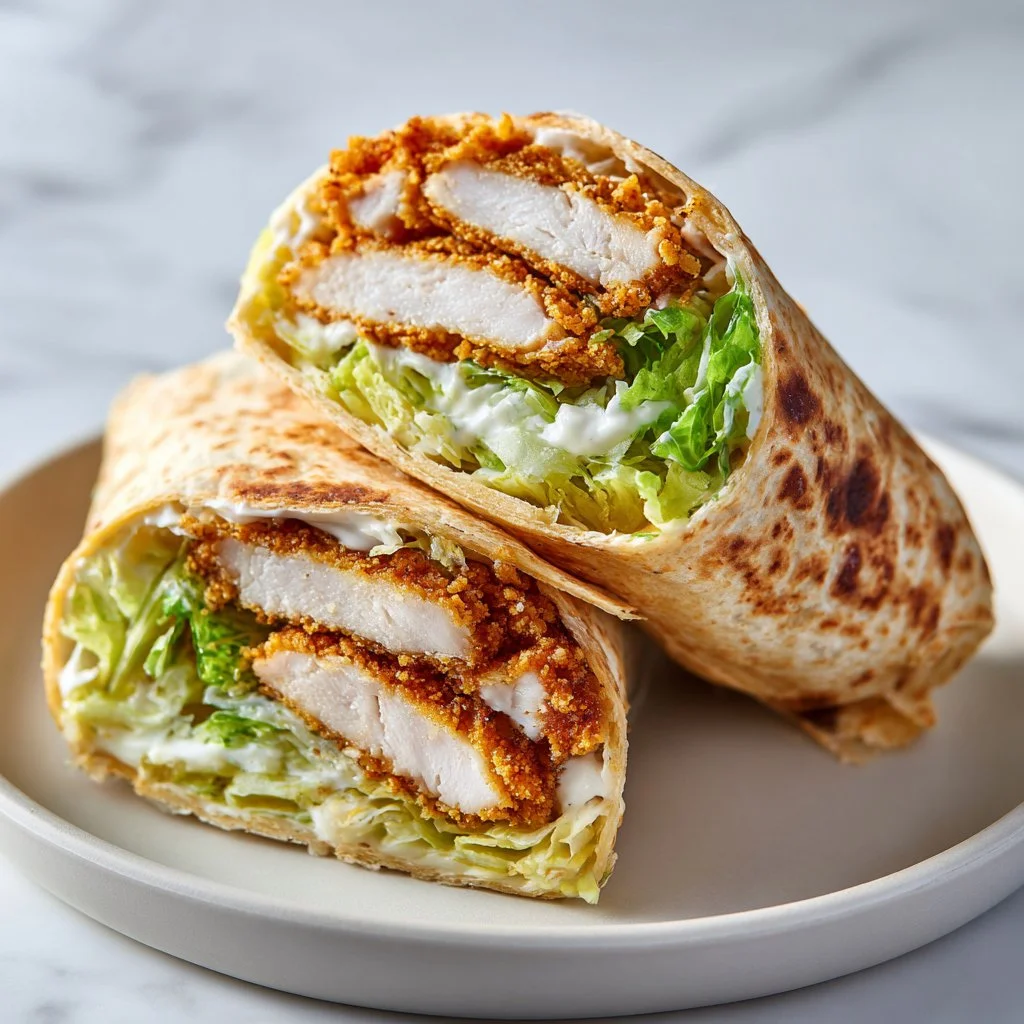Crispy Chicken Caesar Salad Wrap served on a plate with fresh ingredients