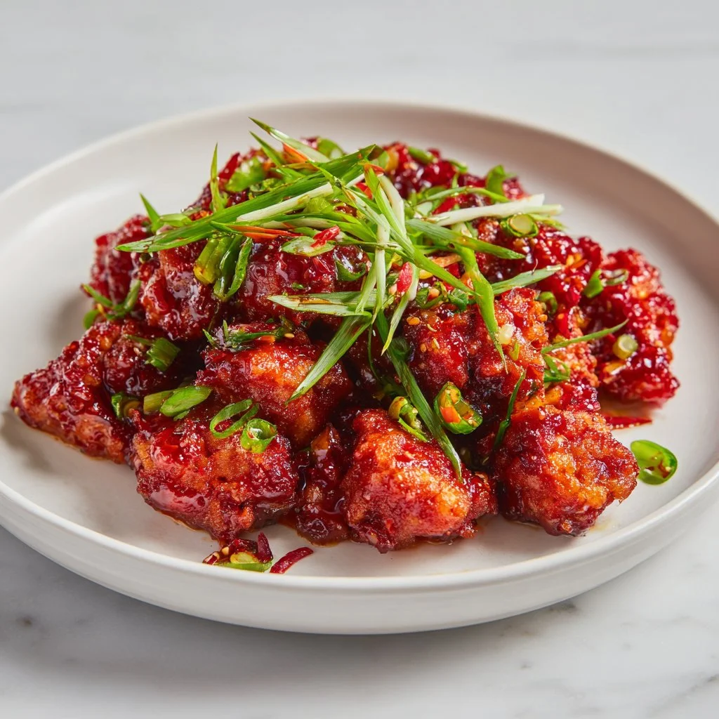 Delicious Crispy Chili Chicken garnished with herbs and spices