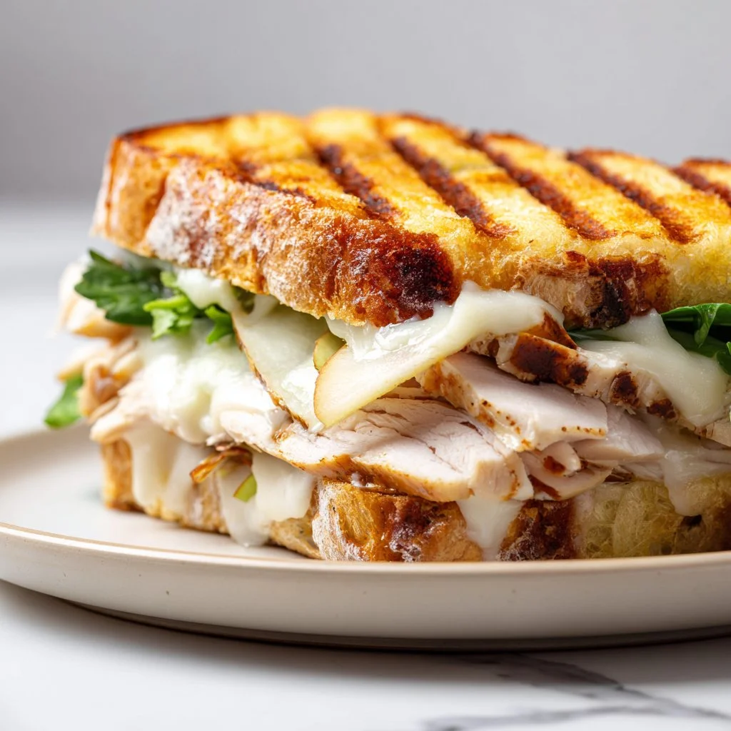 Crispy Golden Turkey Panini sandwich with melted cheese and crisp bread