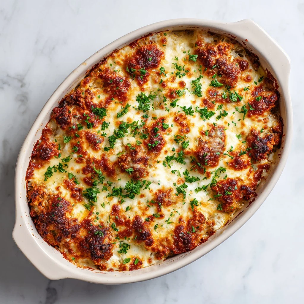 Crispy ground chicken parmesan cheesy bake topped with melted cheese