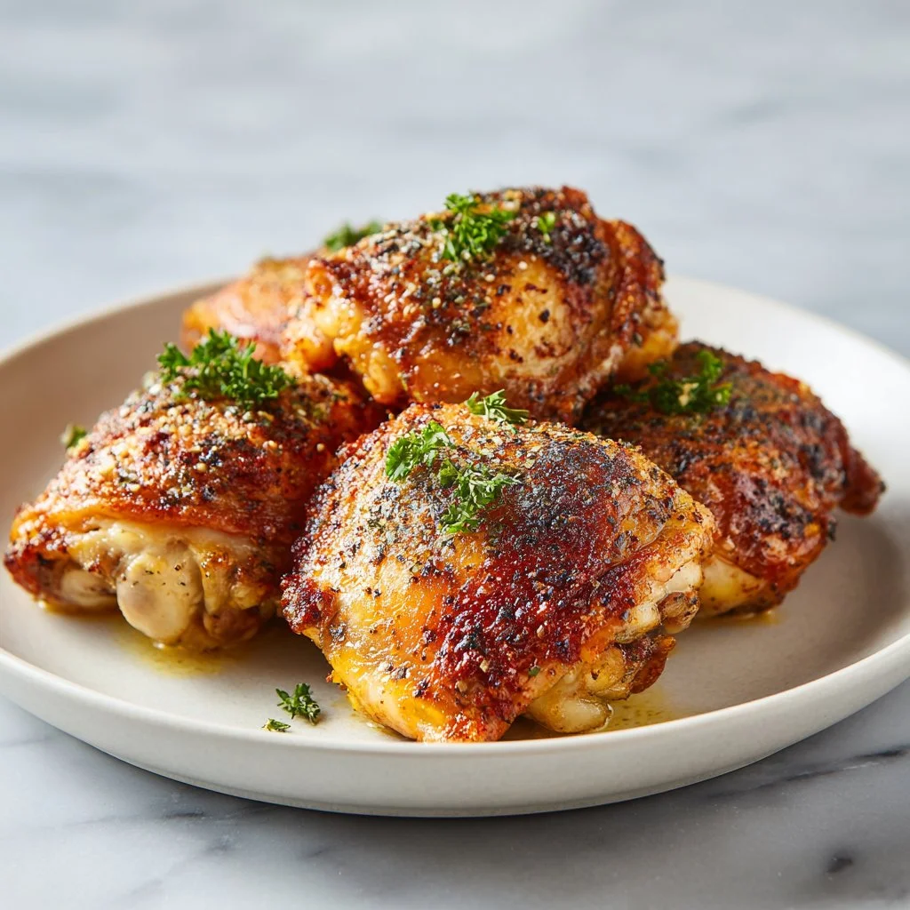Crispy and juicy oven baked chicken thighs served on a plate
