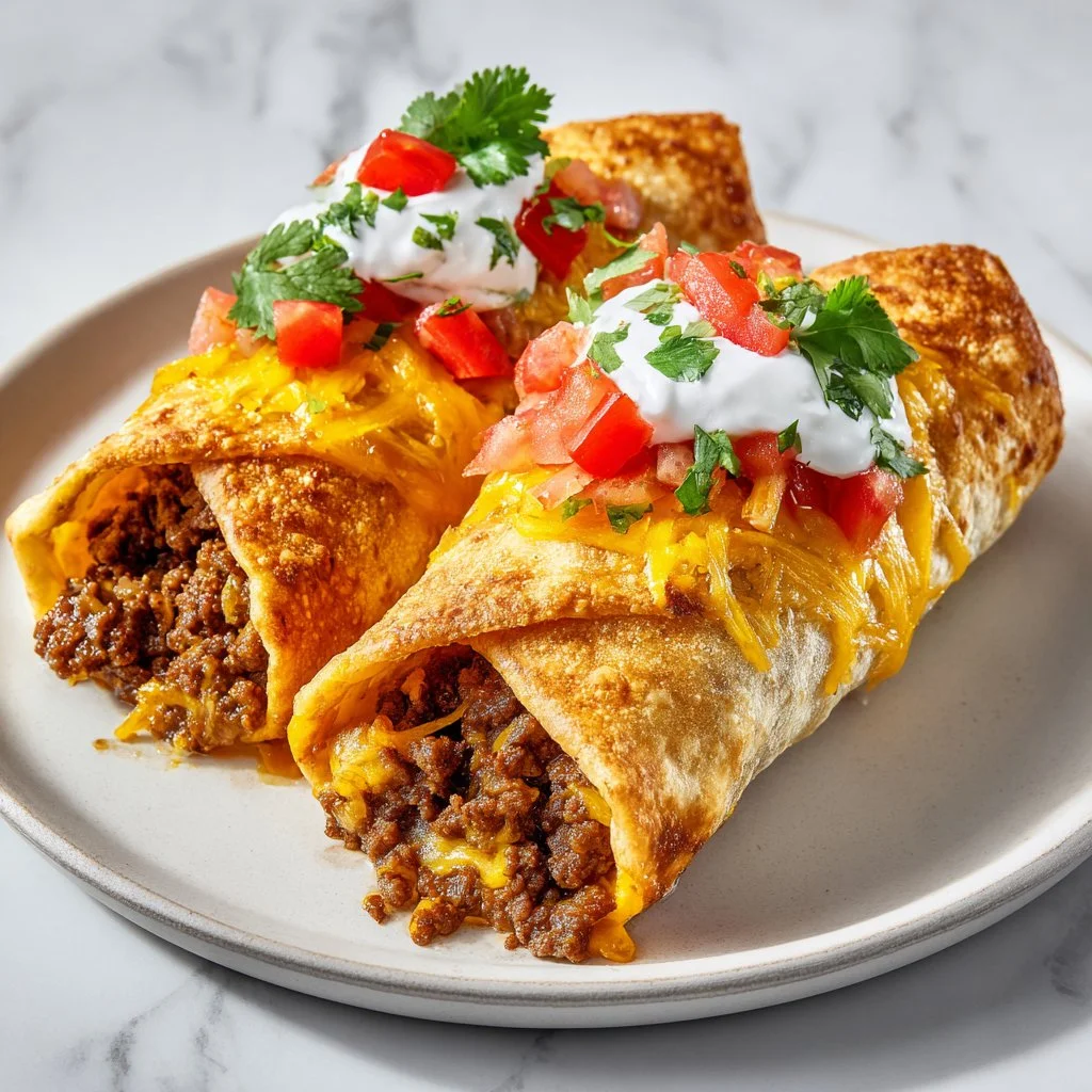 Oven-baked beef chimichangas with cheese, crispy and golden brown