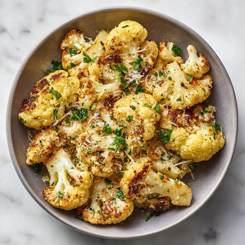 Crispy oven roasted cauliflower served as an easy side dish