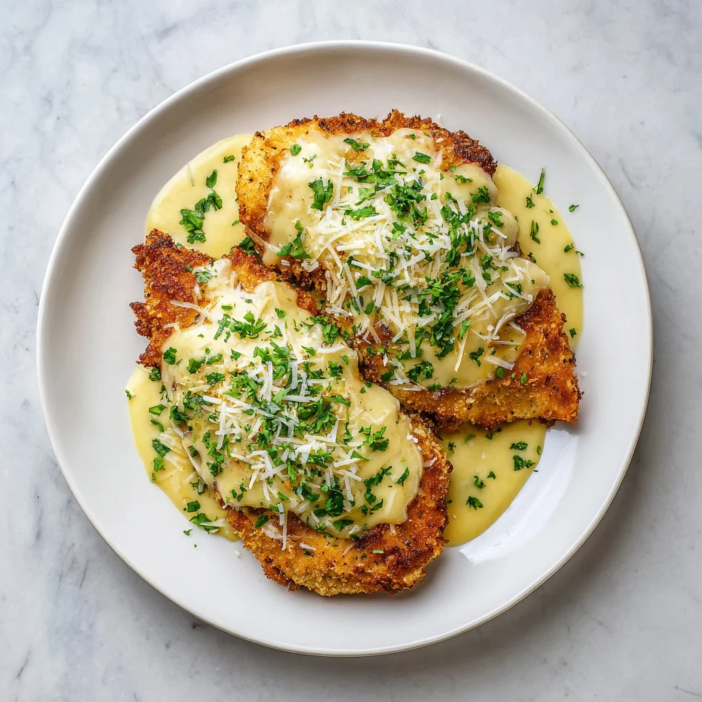 Crispy Parmesan Chicken drizzled with creamy garlic sauce served on a plate